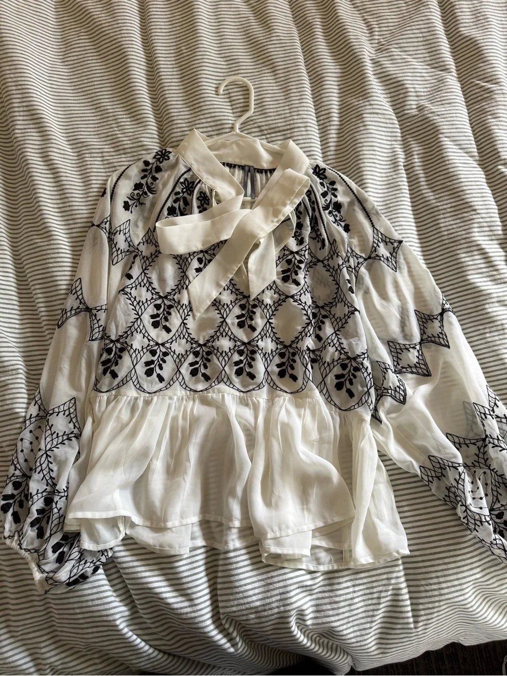 Anthropologie Tie-Neck White Blouse with Black Embroidered Lace & Bow - Picture 4 of 4